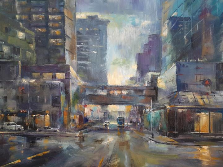 Downtown, morning. Oil on canvas 30”x 24”