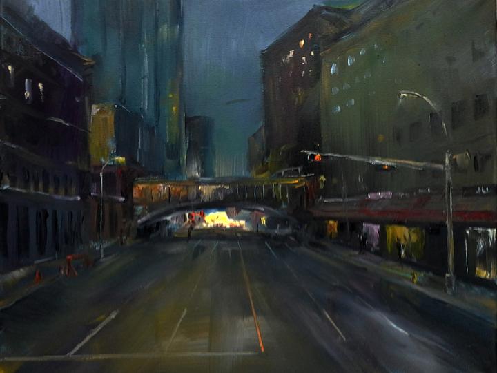 Night lights, Edmonton. 20x60. Oil on canvas.