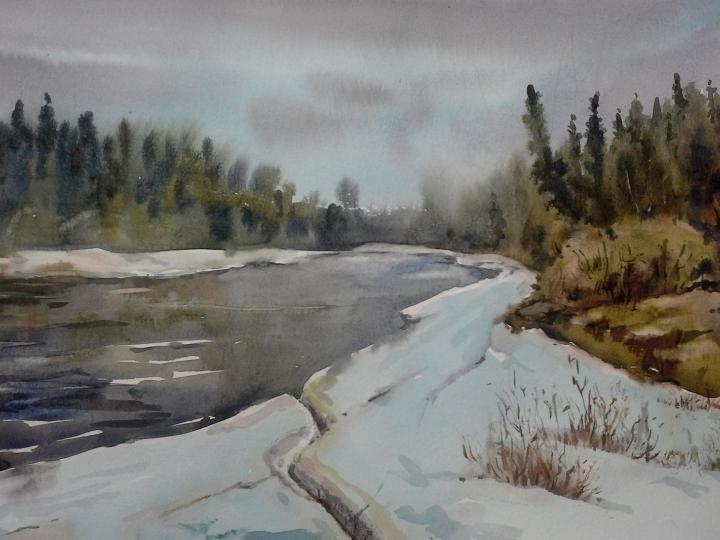 Spring,Kakisa river. Watercolor